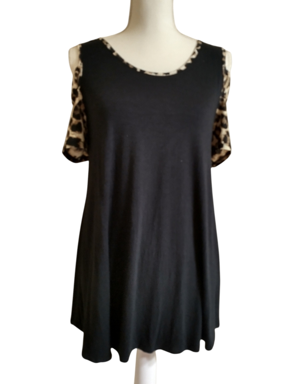HEIMISH USA Black Cold-Shoulder Top with Leopard Accents